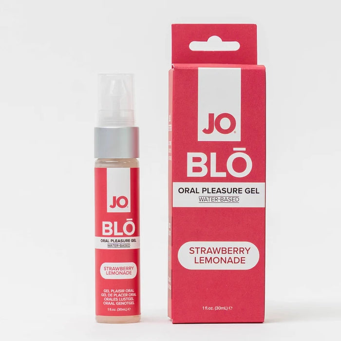 A bottle of JO BLÓ Oral Pleasure Gel next to its retail packaging box, both in strawberry lemonade flavor, on a clean white background.