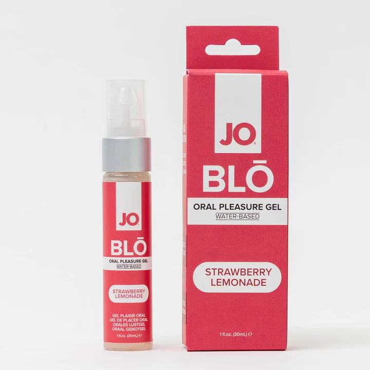 A bottle of JO BLÓ Oral Pleasure Gel next to its retail packaging box, both in strawberry lemonade flavor, on a clean white background.