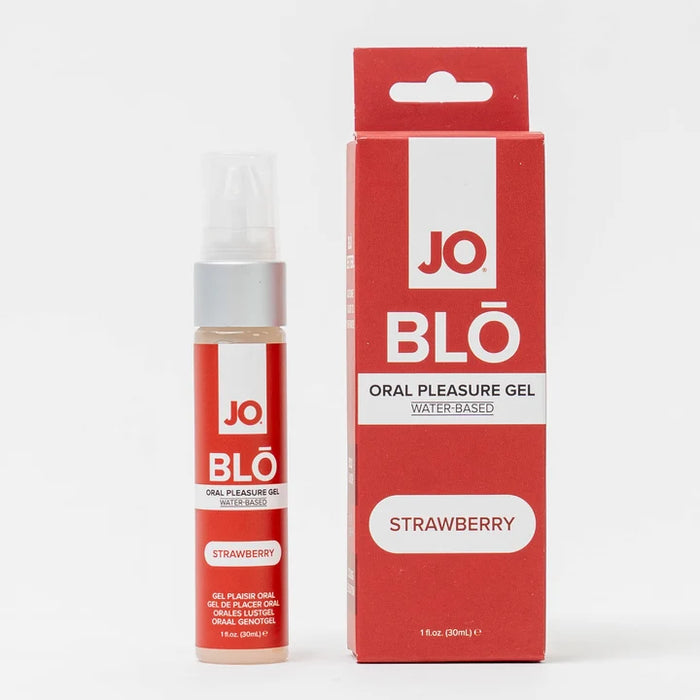 jo blo oral pleasure gel strawberry beside box packaging