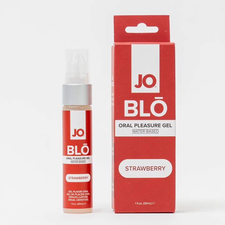 jo blo oral pleasure gel strawberry beside box packaging