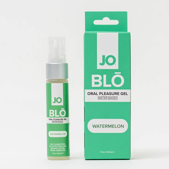 JO Blö Oral Pleasure Gel packaging with green and white design on a white background