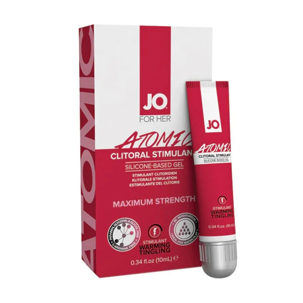 a box and tube of red and white jo for her atomic clitoral gel