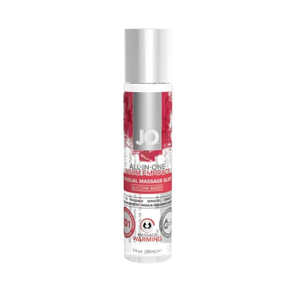 a bottle of jo all in one warm embrace massage glide