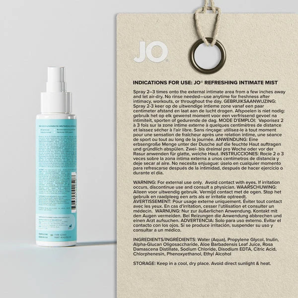 JO Vitalize Balance Refreshing Intimate Mist bottle with directions, ingredients and product information