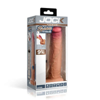 Jock Premium Squirters with Real Skin adult novelty product in its retail packaging, featuring a realistic flesh-toned dildo visible through a clear window on a white background.