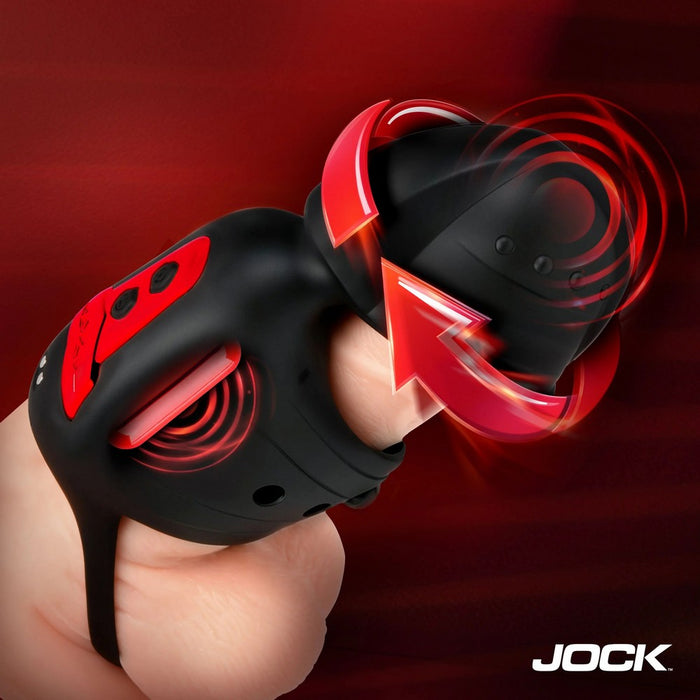 Black and red masturbator with a visible brand logo on a dark background