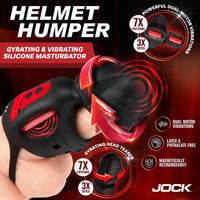 Advertisement for a 'Helmet Humper' product with red and black design on a dark background.