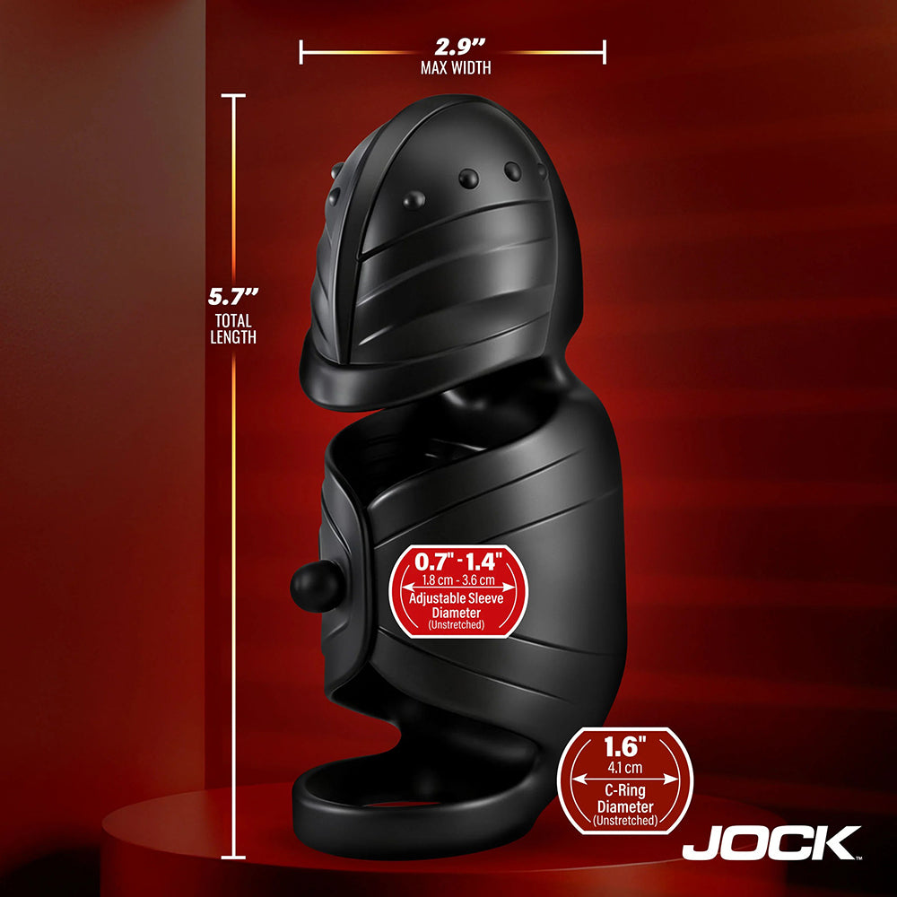 Black Jock product with measurements on a red background