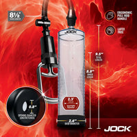 Jock penis pump with detailed measurements on a red background