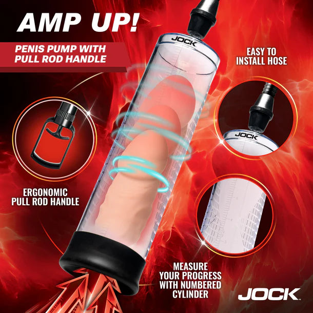 Penis pump with pull rod handle on a red background, featuring Jock brand.
