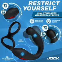 Black Jock dual-stimulation adult novelty device with gyrating and vibrating rings, shown on a blue promotional background with text highlighting features like magnetic USB rechargeability and soft premium silicone.