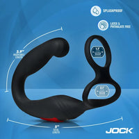 Black Jock curved adult novelty device with an integrated ring, shown on a blue background with measurement callouts and feature icons including splashproof and latex & phthalate free.