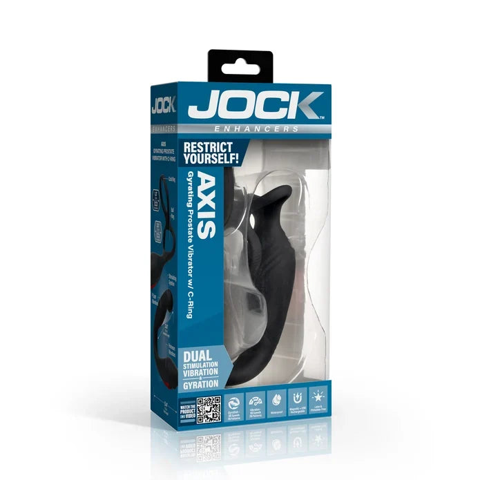Jock Enhancers Axis Restrict Yourself! Opening Pleasure Vibrator w/ C-hung, in its original blue and white retail packaging, shown on a white background with a reflection.