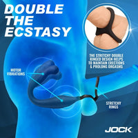 Promotional graphic for JOCK double ecstasy stretchy rings, showing a blue anatomical illustration of the male pelvis with the rings applied, plus a circular inset of a hand wearing the black ring. Large text reads 'DOUBLE THE ECSTASY' and includes explanatory copy about motor vibrations and maintaining erections.
