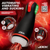 Masturbator with warming rod by Jock on a red background with product features highlighted.