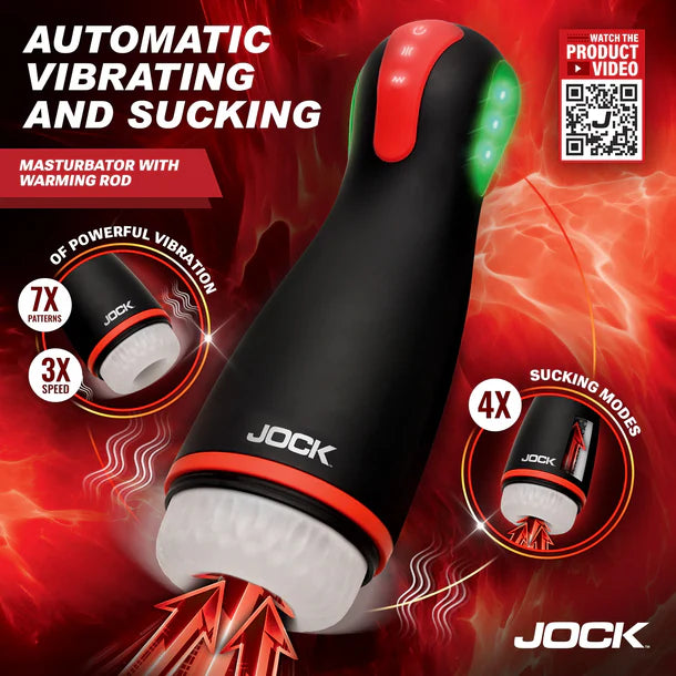 Masturbator with warming rod by Jock on a red background with product features highlighted.