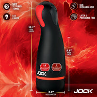 Black and red JOCK masturbator with measurements and features on a fiery background