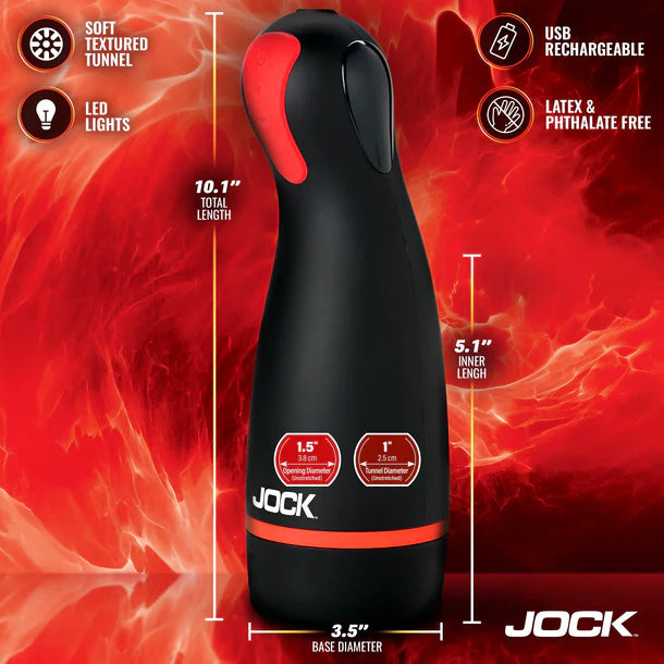 Black and red JOCK masturbator with measurements and features on a fiery background
