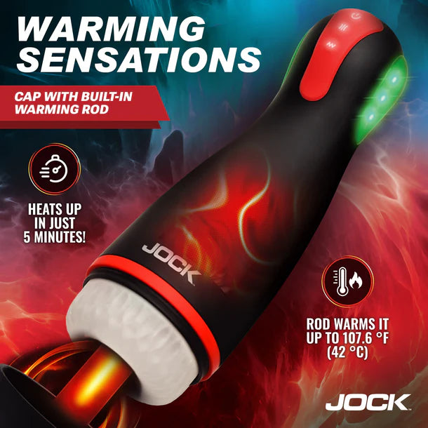 Jock warming sensation masturbator with flames and text on a blue background