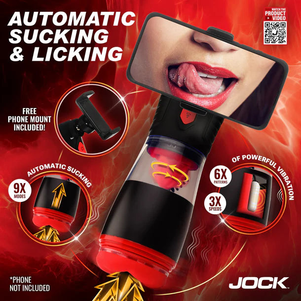 Product advertisement for a device with 'Automatic Sucking & Licking' features on a red background.