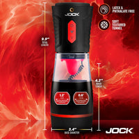 Black and red Jock masturbator with measurements and features on a fiery background