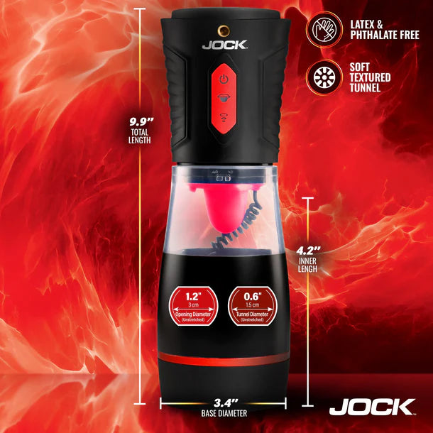 Black and red Jock masturbator with measurements and features on a fiery background