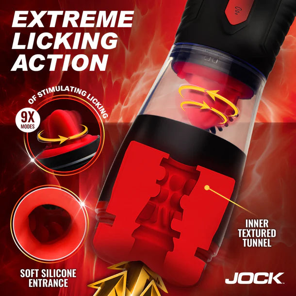 Red and black masturbator with text highlighting 'Extreme Licking Action' and 'Jock' branding on a red background.
