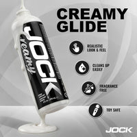 JOCK creamy glide lubricant tube with features listed on a gray background
