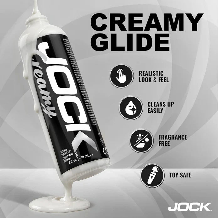 JOCK creamy glide lubricant tube with features listed on a gray background