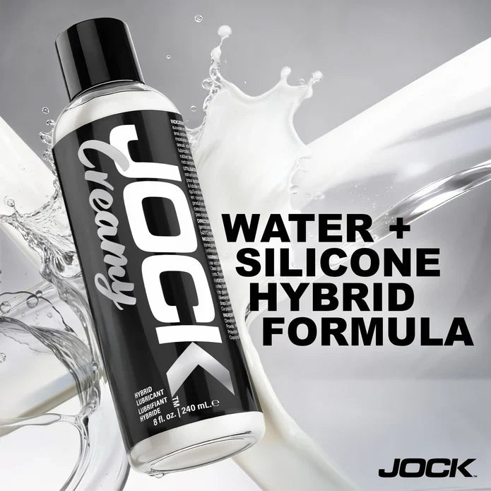 JOCK creamy water + silicone hybrid formula lubricant bottle with splashing liquid on a gray background