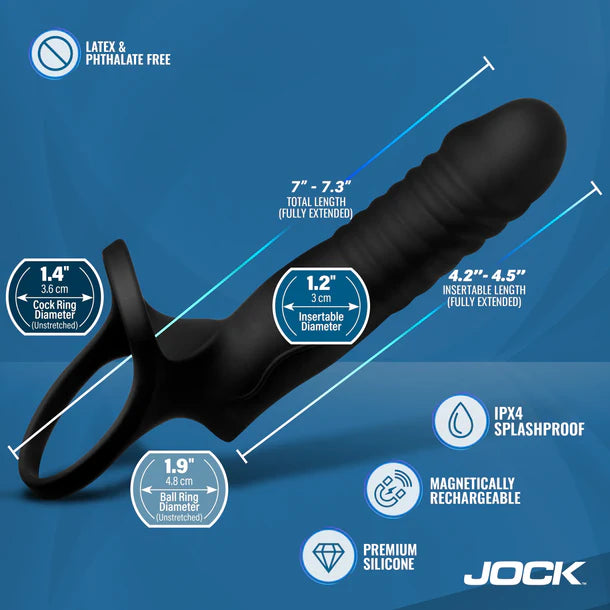 Black cock ring with measurements and features on a blue background, featuring the brand 'JOCK'.