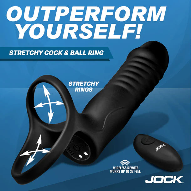 Black stretchy cock and ball ring with remote control on a blue background, featuring the brand 'JOCK'.