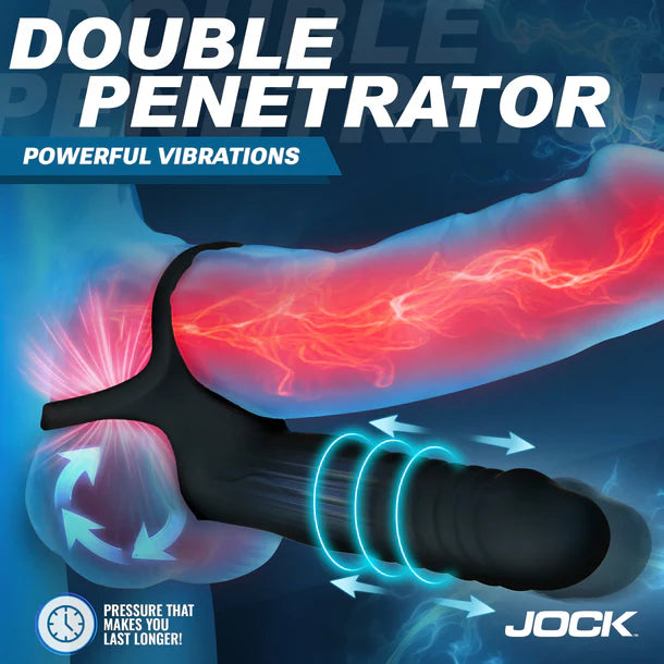 Advertisement for a 'Double Penetrator' with vibrant graphics and Jock branding.