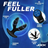 Product advertisement for Jock with features like expanding plug, remote control, ergonomic handle, and flexible neck on a blue background.