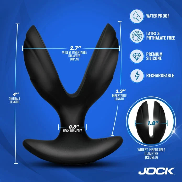 Black Jock dual-stimulation adult novelty device with measurement callouts on a blue background, including overall length, neck diameter, and insertable diameters, plus feature icons for waterproof, latex & phthalate free, premium silicone, and rechargeable.