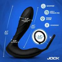 Black C-ring with measurements and features on a blue background, featuring the brand 'JOCK'.
