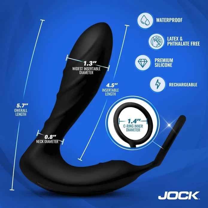 Black C-ring with measurements and features on a blue background, featuring the brand 'JOCK'.