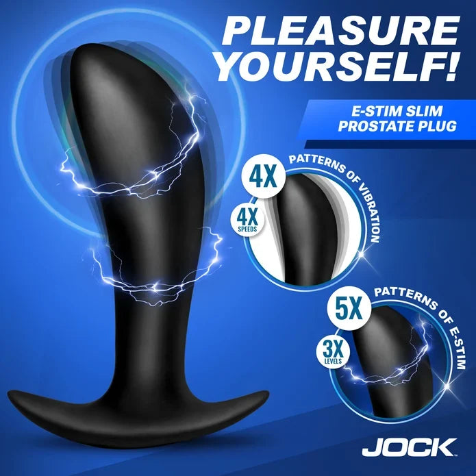 Black Jock E-Stim Slim Prostate Plug shown on a blue promotional background with text reading 'PLEASURE YOURSELF!' and feature callouts for vibration patterns.