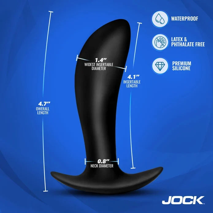 Black silicone product with measurements and features on a blue background, featuring the brand 'Jock'.