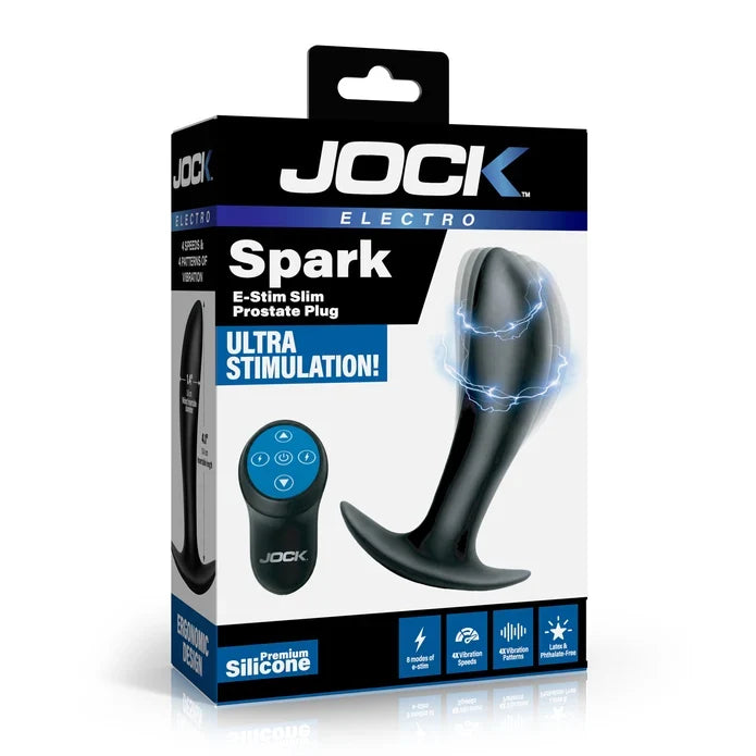 Jock Electro Spark E-stim Slim prostate plug retail packaging, showing the black curved plug and remote control on a white background.
