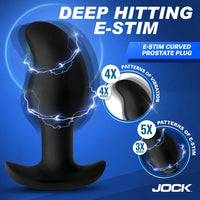 Black curved prostate plug E-stim device with lightning graphics on a blue promotional background, with text reading 'DEEP HITTING E-STIM' and 'JOCK' plus feature callouts about vibration patterns.