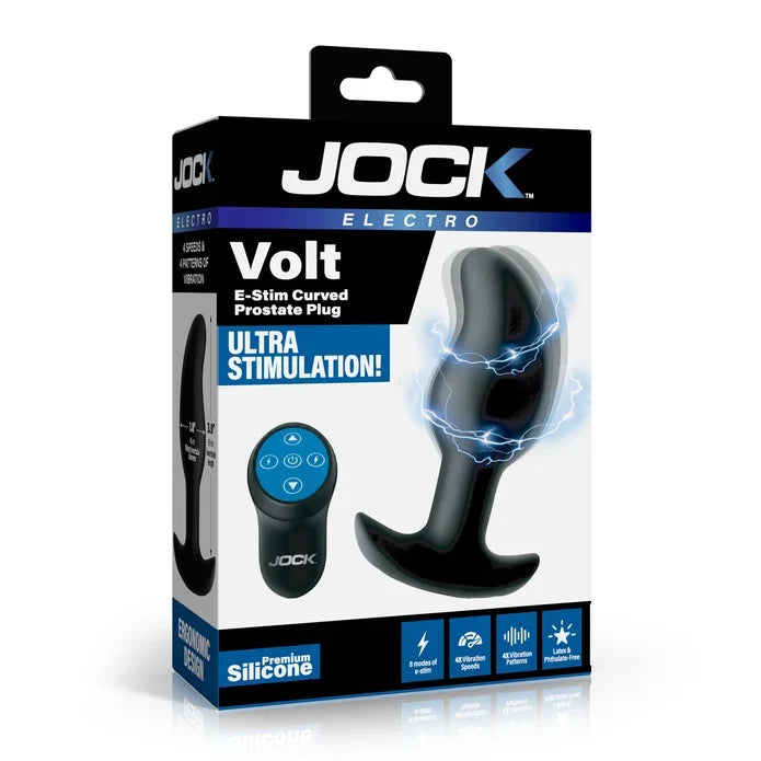 Jock Volt E-Stim curved prostate plug packaging on a white background