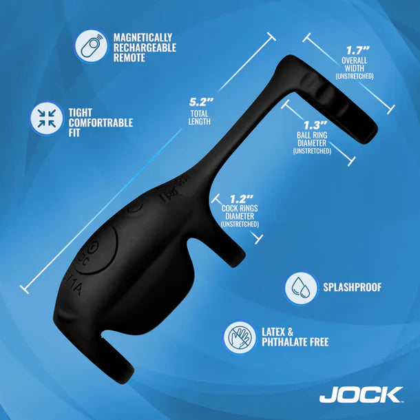 Black penis sleeve with measurements and features on a blue background, featuring the brand 'Jock'.