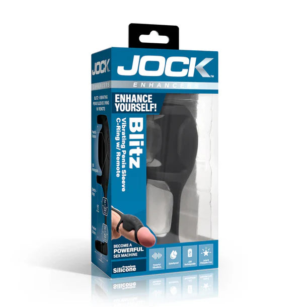 Jock product packaging for a vibrating penis sleeve on a white background
