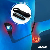 Prostate massager diagram usage on a blue background, featuring the JOCK brand.