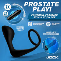 Promotional image of a prostate stimulation set with product details on a blue background, featuring the brand 'JOCK'.
