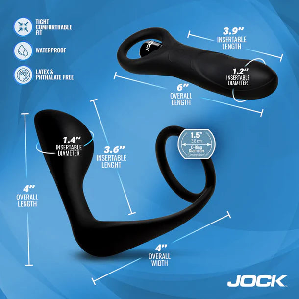 Black Jock product with measurements and features on a blue background