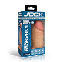 realistic silicone penis enhancer with ball strap in beige in blue packaging