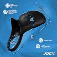 Black device with measurements and features on a blue background, featuring the brand 'Jock'.
