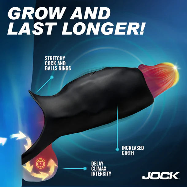 Product advertisement for Jock stretchy cock and balls rings with text on a blue background
